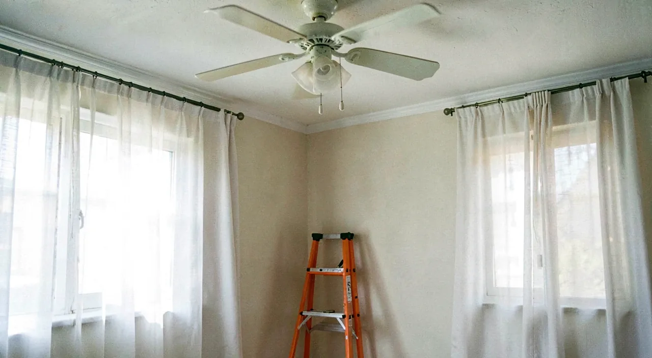 A living room ceiling corner with a pale ceiling fan and light fitting, sheer curtains behind