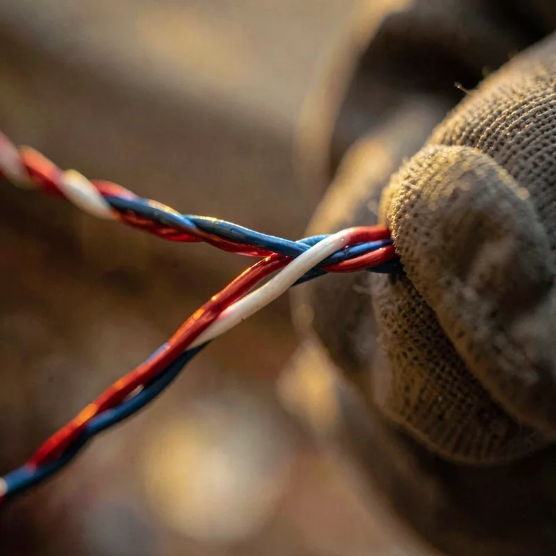 Macro of twisted copper wire strands in red, blue and white insulation being joined