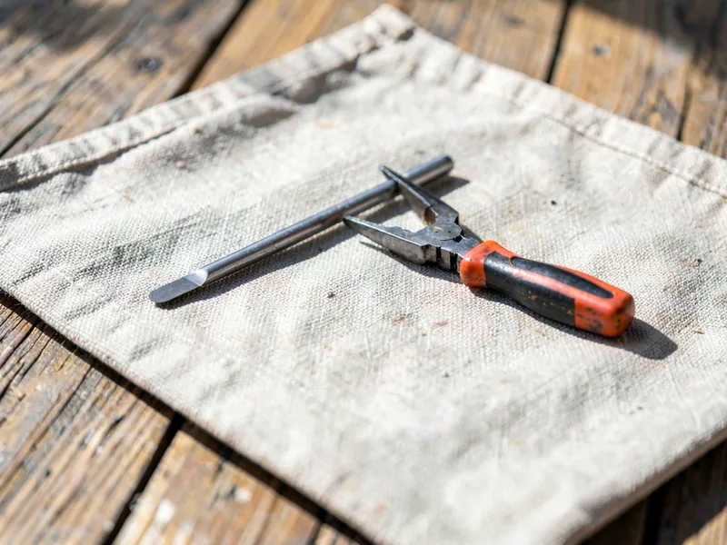A flathead screwdriver and wire strippers laid out on a folded canvas drop sheet