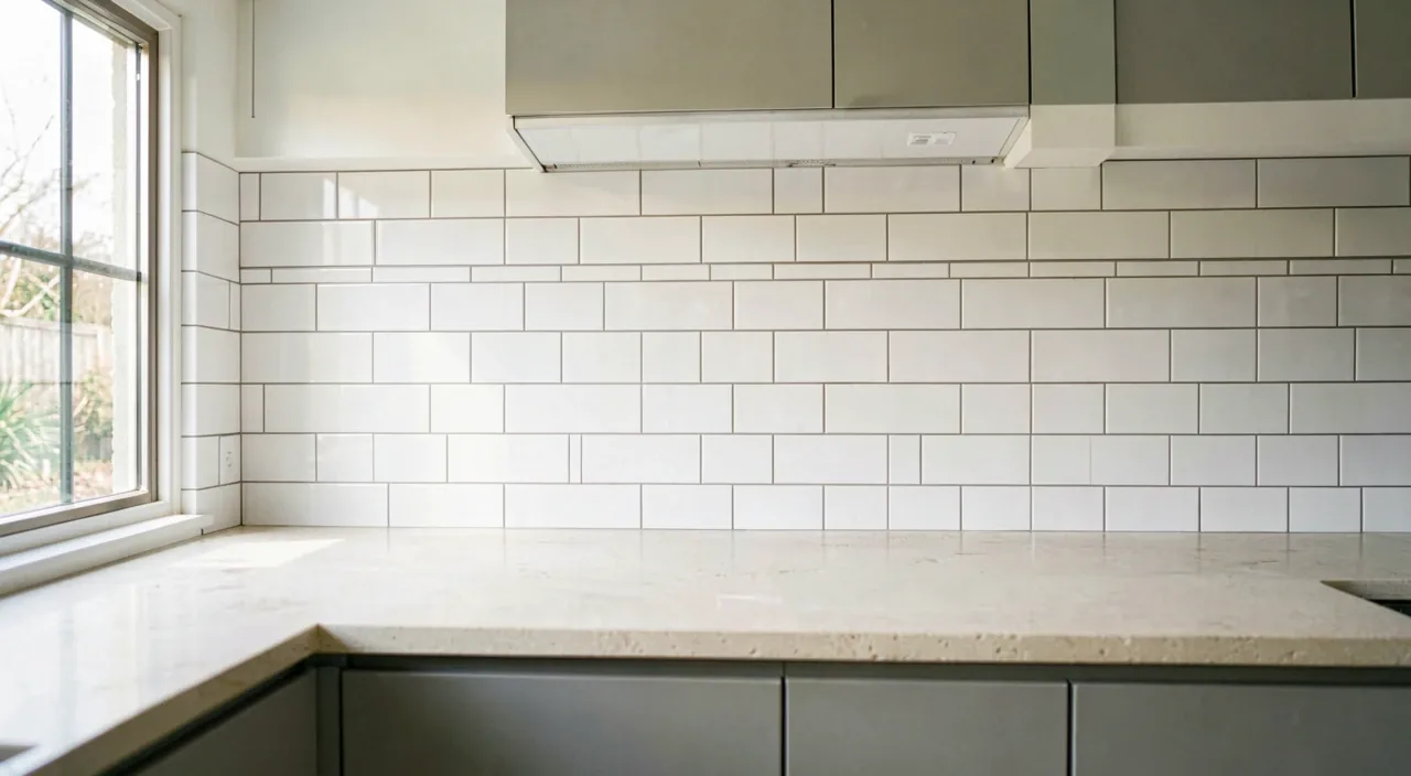A modern Australian kitchen with a white subway tile splashback and pale stone benchtop, empty