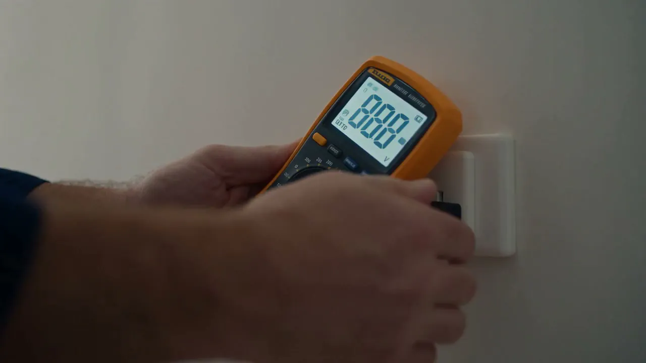 A hand holding a multimeter against a wall, testing a circuit