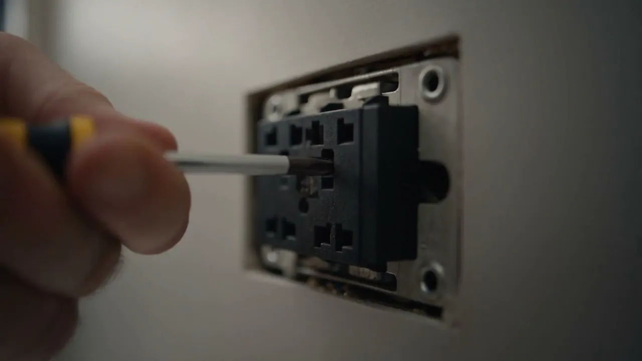 A screwdriver working on an open power point recessed into the wall