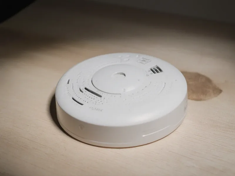 A plain white ceiling-mount photoelectric smoke alarm on a pale timber workbench