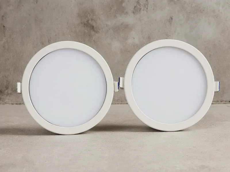 Two plain circular LED downlight fittings side by side on pale concrete