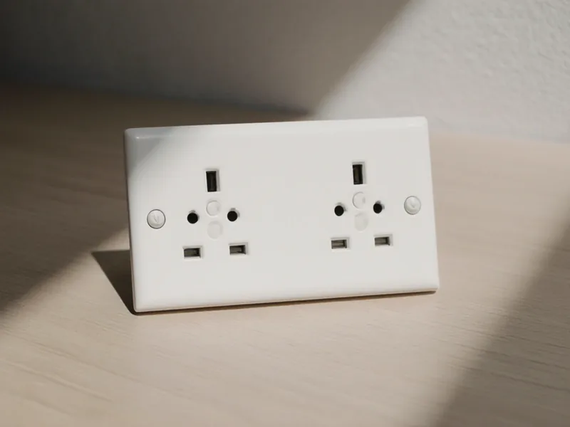 A plain white double power point with USB-C and USB-A outlets, on a pale timber surface