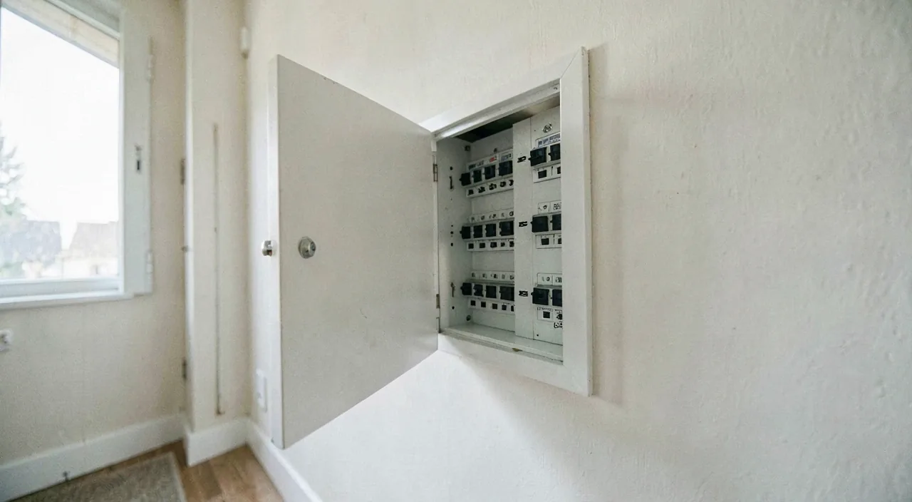 A hallway with an open white switchboard cabinet door, rows of unmarked circuit breakers inside