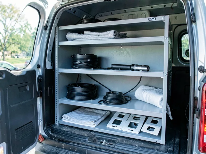 Fitted-out shelving inside a tradesperson's van, cable reels, a torch and folded drop sheets