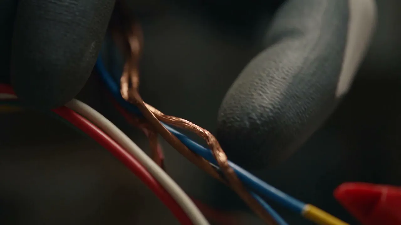 A gloved hand holding twisted copper wire strands in red, blue and bare copper insulation